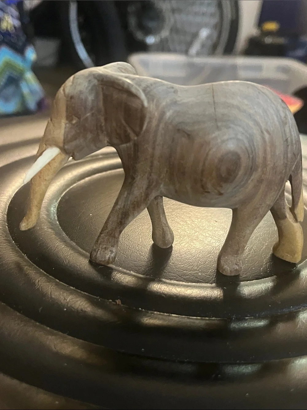Hand-Carved Wooden Elephant Figurine in Two-Tone Brown With Tusks 416